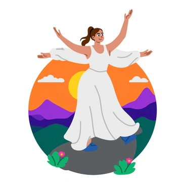 A woman in a flowing white yoga outfit is practicing a yoga pose on a rocky mountaintop. The sun is just rising in the background, casting warm orange and pink hues across the sky. The mountains are visible in the distance, with a few scattered clouds reflecting the sunrise colors. The woman has her arms extended gracefully and her hair is gently blowing in the wind. Small patches of green grass and wildflowers are partially visible around the rock she is standing on.