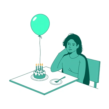 A teal person is sitting alone at a white table, looking down at a small, untouched white birthday cake placed in front of them. The cake is decorated with colorful frosting and a few lit candles on top, casting a soft glow. A single teal balloon is tied to the chair, drifting slightly in the air. The table is set with a small white plate and a fork, both positioned neatly next to the cake, emphasizing the solitude of the scene. The expression on the person's face reflects contemplation, contrasting with the festive nature of the untouched cake.