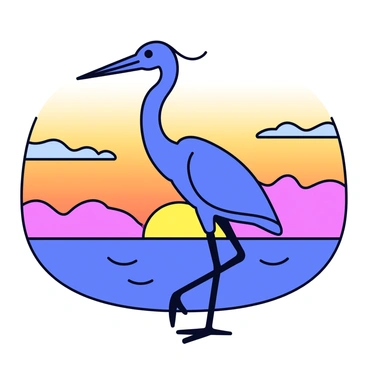 A blue heron standing tall on one leg with its long neck curved gracefully. The heron is depicted in silhouette, with its distinctive sharp beak and slender body. The background showcases a vibrant sunset with hues of orange, pink, and purple blending together. The ocean is visible in the foreground, reflecting the colors of the sunset. Wispy clouds are scattered across the sky, enhancing the dramatic effect of the scene.
