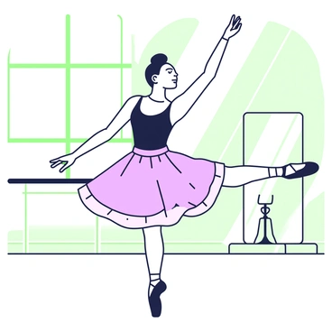 A ballet dancer is in the middle of a practice session, gracefully executing a perfect leg extension. She is wearing a fitted black leotard and a flowing pink tutu. One arm is elegantly raised above her head while the other is outstretched to the side. Her pointed toes are in a classic ballet position, highlighting her technique. The studio floor is polished wood, and a large mirror is visible in the background, reflecting her poised figure. Light streams in through tall windows, illuminating the dancer's focused expression.