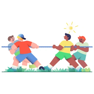 A group of four children is engaged in a game of tug of war on a grassy field. On one side, two children, one with short brown hair and a red t-shirt, and the other with curly blonde hair and a blue cap, are pulling the rope with great effort, their faces showing determination. On the opposing side, two children, one with straight black hair and a yellow shirt, and the other with wavy red hair and green shorts, are struggling to hold their ground, their feet digging into the grass. The rope is taut between the two groups, and the children on the overpowering side are leaning back, showcasing their strength, while the other side is leaning forward, showing signs of exertion. The scene is full of energy and excitement, with bright sunlight illuminating the moment.
