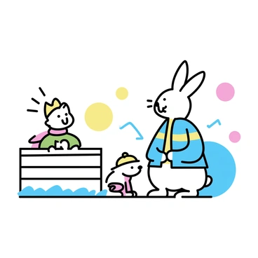A rabbit is dressed in a blue jacket with orange stripes, standing on its hind legs. Next to it, a small dog is wearing a red scarf and a yellow hat, sitting down with its tongue out. A cat in a green sweater is perched on a wooden fence, looking curiously at the scene. The background includes various bright patterns, featuring large polka dots in yellow and pink, and zigzag lines in green and blue, creating a vibrant and playful atmosphere.