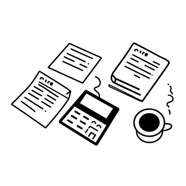A desk is filled with various invoices scattered across the surface. A black calculator sits prominently among the papers, its buttons visible. A cup of coffee, steaming gently, rests near the edge of the desk. The overall composition captures an atmosphere of busy work, with the items arranged in a way that suggests recent use.