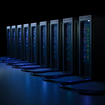 A row of sleek, black computer servers in a bitcoin mining farm, arranged in neat, organized rows. Each server unit has multiple flashing LED lights in various colors, predominantly blue and green, indicating active processes. The servers are connected with thick cables that run along the floor, leading to power sources and networking equipment. The environment is dimly lit, enhancing the glow of the server lights, and there are cooling fans visible on the sides of the units, actively working to maintain optimal temperatures. The overall scene conveys a high-tech atmosphere focused on cryptocurrency mining.