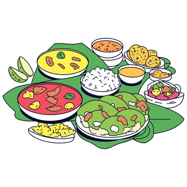 A lavish spread of traditional Indian dishes is presented on large green banana leaves. The dishes include vibrant curries in various colors, such as a yellow dal, bright red butter chicken, and green palak paneer. There are side servings of fluffy white rice and golden fried puris. Slices of cucumber and tomato are arranged neatly on the side for freshness. The scene includes small bowls containing tangy mango chutney and spicy pickles, adding to the assortment. The overall presentation is colorful and inviting, showcasing the richness of Indian cuisine.