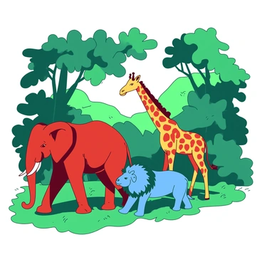 A red elephant is walking proudly down a green forest path, flanked by a blue lion with a majestic mane. Next to them, a tall orange giraffe is gracefully striding, its long neck extending above the trees. The lush foliage of the forest surrounds the animals, with leaves in various shades of green overhead. Sunlight filters through the branches, casting dappled shadows on the ground where the animals march in unison. Each animal displays a sense of purpose, creating a lively scene within the tranquil forest.