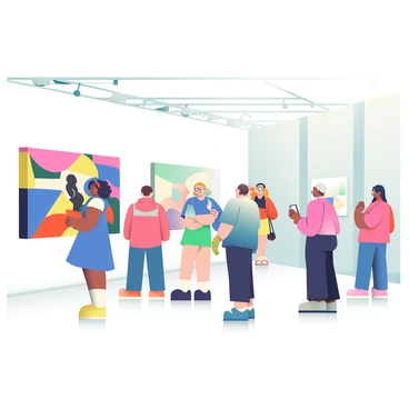 Visitors are scattered throughout a spacious contemporary art gallery in Montpellier. A diverse group of people, including men and women of varying ages and ethnicities, are engaged in admiring various abstract and modern paintings displayed on the white walls. One visitor, a woman with curly hair wearing a blue dress, is standing in front of a large painting that features bold colors and geometric shapes. Near her, a young couple is discussing a painting with soft pastel hues, while an older man in glasses is taking notes in a small notebook. The floor is polished wood, and there are subtle spotlights highlighting the artworks. Large windows let in natural light, creating a bright atmosphere in the gallery.