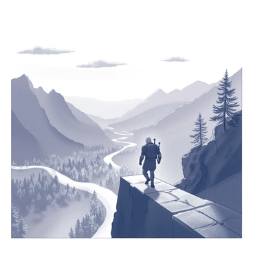 A witcher trekking along a narrow mountain path, overlooking a breathtaking valley