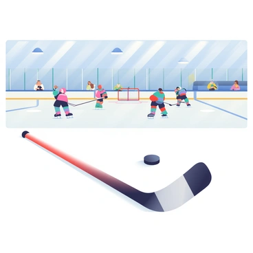 A wooden hockey stick with a black blade lies on a smooth ice rink. Next to it is a black puck resting on the gleaming ice surface. In the background, several players wearing colorful hockey jerseys are practicing. Some players are skating swiftly while others are taking shots on goal. The rink is surrounded by transparent glass walls, and there are bright overhead lights reflecting on the ice. A few spectators are visible in the stands, watching the practice session.