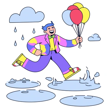 A joker wearing a vibrant costume with large colorful patterns has a big smile on his face. He is holding a cluster of bright, helium balloons in one hand, their colors ranging from red to yellow to blue. The joker is playfully hopping through several puddles on a wet, cobblestone street, splashing water around him. Raindrops continue to fall from the gray clouds above, creating ripples in the puddles. The joker's shoes are bright and oversized, adding to his whimsical appearance.