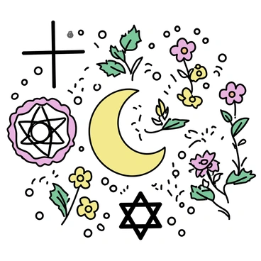 A garden filled with a variety of plants arranged in intricate patterns. The plants are shaped to form the symbols of different religions, including "the cross", "the crescent moon", "the dharma wheel", and "the star of David". Each section of the garden showcases unique colors and textures, with vibrant flowers and lush greenery. Pathways weave through the garden, allowing for an immersive experience, and small stones are placed to accentuate the symbols, enhancing the overall design.