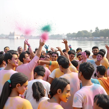 A large group of people celebrating the festival of colors near the Ganges River. They are covered in vibrant powders of pink, green, yellow, and blue. Some individuals are throwing colored powders into the air, creating a cloud of color around them. Others are laughing and embracing, with their faces and clothes stained in bright hues. In the background, the serene flow of the Ganges River reflects the colors of the celebration, while trees and traditional structures line the riverbank. The atmosphere is lively and festive, filled with joy and camaraderie.