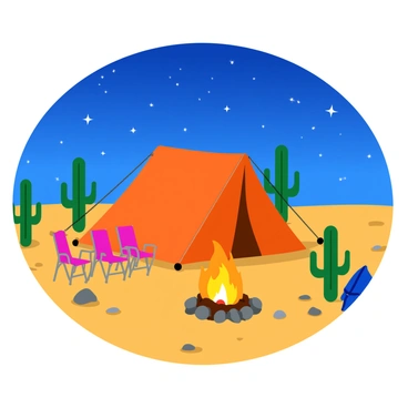 An expedition camp is set up in the vast, sandy expanse of a desert. The camp features a large, bright orange tent with ropes extending to the ground, surrounded by scattered cacti and small rocks. A flickering campfire emits warm light, illuminating the nearby area and creating shadows on the sand. The starry sky above is filled with numerous twinkling stars, creating a stunning celestial backdrop. Several camping chairs are positioned around the fire, and a few scattered backpacks are visible near the tent.