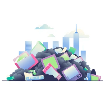 A large pile of discarded electronic devices, including old televisions, computers, and mobile phones, is situated in a landfill. The devices are scattered haphazardly, with some partially buried in the earth. In the background, a city skyline with tall buildings and antennas rises against the sky. The sunlight casts soft shadows across the scene, creating a contrast between the waste in the foreground and the urban structures in the distance. The sky above is clear with a few wispy clouds.