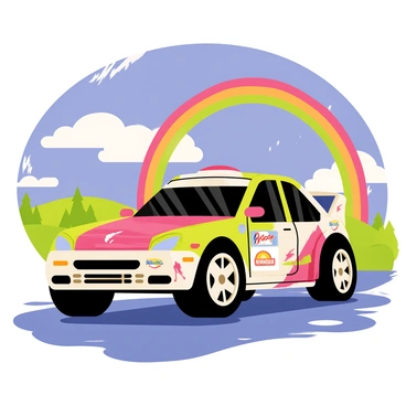 A colorful rally car with a sleek design is positioned in the center of the image, showcasing vibrant decals and mud splatters from a recent race. Above the car, a bright rainbow arcs gracefully across the sky, contrasting against the dark, stormy clouds that linger in the background. The ground is wet and reflects the colorful scenery, with droplets of water glistening on the car's surface. In the distance, hints of green hills and trees can be seen, creating a lively setting after the storm.