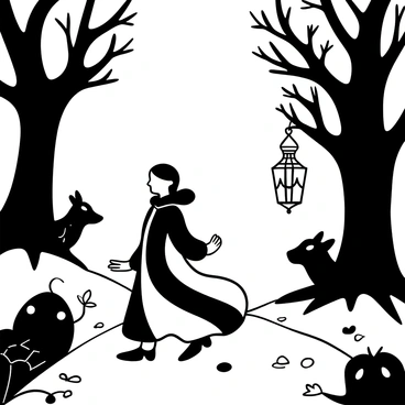A character dressed in an elaborate, flowing cloak walks through a dense fog, surrounded by twisted trees with gnarled branches. Shadowy, whimsical creatures with unique shapes and features lurk among the trees, peering curiously at the character. An intricate, ancient-looking lantern hangs from the character's hand, casting faint light in the mist. The ground is covered with scattered leaves and small stones, creating an uneven path leading deeper into the fog. There are faint outlines of more creatures in the distance, adding to the mysterious atmosphere of the scene.