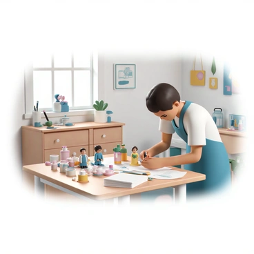 An artist's workshop filled with various tools and materials for painting. There are several gacha figures placed on a wooden table, each in different stages of customization. One figure is partially painted in vibrant colors, while another stands with accessories laid out beside it. The artist, wearing a blue apron, is focused on detailing a figure with a small brush, ensuring precision in their work. Natural light streams through a window, illuminating the workspace filled with paint pots, brushes, and sketches scattered around.