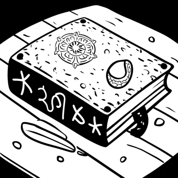 An ancient book with a textured leather cover, featuring intricate glowing runes etched into its surface. The book is positioned on a sturdy wooden table, with visible grain patterns in the wood. Surrounding the book are scattered parchment papers and a quill, suggesting an atmosphere of study and knowledge. A faint light emanates from the runes, casting soft shadows on the table's surface.