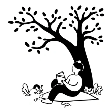 A child sitting on a blanket under a large oak tree, absorbed in reading a book. The oak tree has a thick trunk and sprawling branches, with leaves casting intricate shadows on the ground. Nearby, a curious squirrel is perched on a low branch, intently watching the child. The scene includes a few scattered autumn leaves around the child and the trunk of the tree, adding texture to the ground. The book has simple elements such as an open page visible, hinting at colorful illustrations.