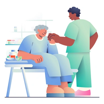 An elderly woman with gray hair is sitting on an examination table in a bright medical room. She is wearing a light blue hospital gown. A nurse with dark skin and curly black hair is standing beside her, gently holding her hand in a reassuring manner. The nurse is dressed in scrubs that are light green. A blood test tray with medical supplies, including vials and a syringe, is placed on a nearby counter. The wall behind them is painted a soft pastel color, creating a calm atmosphere.