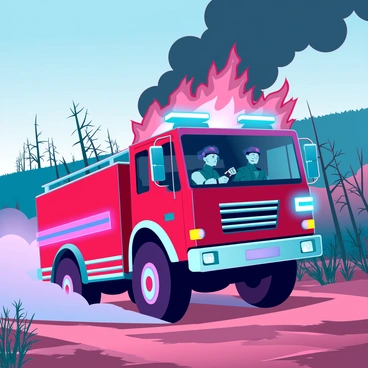 A bright red fire truck with reflective markings is speeding down a rugged dirt road. The truck has large, powerful wheels kicking up clouds of dust behind it. In the background, a fierce wildfire rages, with towering flames and thick black smoke billowing into the sky. The fire truck's sirens are blaring, and the firefighters inside are focused, preparing hoses for action. The landscape around them is a mix of charred trees and untouched greenery, contrasting with the vibrant colors of the truck and the ominous fire. The sunlight casts dramatic shadows, enhancing the urgency of the scene.