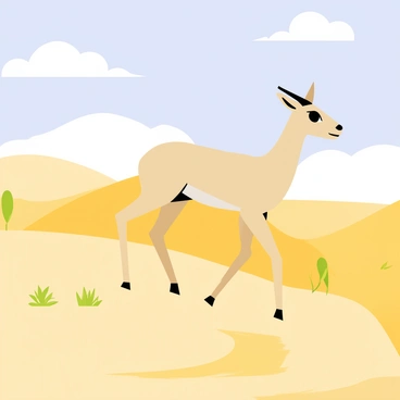 A gazelle with slender legs and a light tan coat walks gracefully across rolling golden desert dunes. The dunes have soft, smooth curves that ripple in the sunlight. Small patches of green scrub vegetation dot the landscape, contrasting with the sandy terrain. The sky above is a bright blue with a few fluffy white clouds scattered throughout. The gazelle's eyes are alert and its ears perked up, emphasizing its elegance in this arid environment.