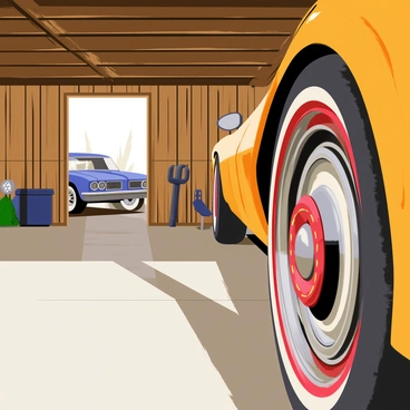 An old-fashioned garage with wooden walls and a slightly open wooden door is depicted. The garage floor is made of concrete and scattered with tools and a few spare parts. In the foreground, a classic car's wheel is prominently displayed, showcasing detailed chrome accents and a vibrant red tire. The background features glimpses of the classic car, hinting at its vintage design with rounded edges and shiny paint. Sunlight filters through the garage, creating soft shadows and highlighting the textures of the scene.