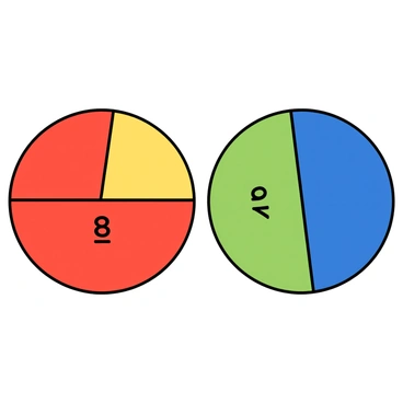 Two large circles displayed side by side, each divided into segments to represent the fraction "8/6". The first circle is filled with vibrant colors, with four segments colored in bright red and two segments in sunny yellow. The second circle features a different color scheme, with three segments in deep blue and three segments in light green. Each segment is clearly separated by bold black lines, and the fraction "8/6" is prominently displayed in the center of both circles. The circles are positioned against a simple white background to enhance their visibility.