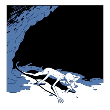 A dark cave interior is illuminated by a faint light source, revealing rocky textures on the walls. "Gollum," a small, thin creature with large eyes and elongated limbs, is crawling on the damp ground. His skin has a sickly hue, contrasting sharply with the shadows around him. Behind him, "a long shadow" stretches up the jagged wall, emphasizing his unsettling and stealthy movement. The cave's atmosphere is damp and secluded, enhancing the sense of mystery surrounding Gollum's actions.