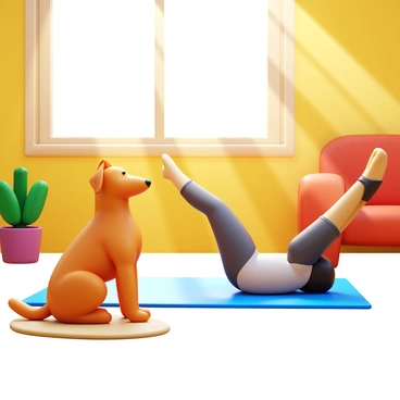 A curious dog with a golden coat sitting on a soft rug, tilting its head to the side. The dog is observing its owner performing flutter kicks on a yoga mat. The owner is wearing athletic clothing and is positioned on their back, legs raised and moving in a fluttering motion. Sunlight is streaming through a window, illuminating the room and casting soft shadows. In the background, there's a potted plant and a cozy sofa, creating a homely atmosphere.
