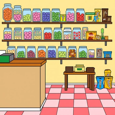 A colorful candy shop filled with a variety of vibrant sweets. Shelves are lined with numerous glass jars, each containing different types of candies in various shapes and colors. Some jars are filled with round, sparkling gummy candies, while others hold long, twisted lollipops. The shop has a bright, cheerful atmosphere with pastel-colored walls and a wooden counter at the front. There are colorful displays of chocolate bars and bags of candy scattered throughout. The floor is tiled in a checkerboard pattern, enhancing the playful vibe of the shop.