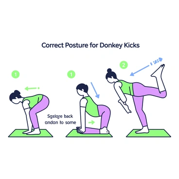 A step-by-step diagram illustrating the correct posture for "donkey kicks." The first image shows a person on hands and knees on a yoga mat. Their arms are straight, and they maintain a neutral spine. The second image displays the same person lifting one leg, keeping the knee bent at a 90-degree angle, with the foot flexed. The person's back remains flat as they engage their core. The third image shows the person lowering the leg back to the starting position. Each image includes labeled arrows indicating the movement direction and alignment of the body. A title "Correct Posture for Donkey Kicks" is displayed at the top of the diagram.