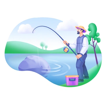 An angler standing by a calm lake with a fishing rod in hand, looking shocked. The fishing line is visibly snagged on a large rock just below the surface of the water. In the background, there are gentle ripples on the lake’s surface, and a few trees with green leaves line the shore. A bright blue sky with soft fluffy clouds is visible overhead. The angler is wearing a light fishing hat and casual outdoor clothing, with a fishing tackle box placed nearby.