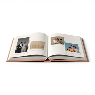 An open photo album with pictures fading from old to new