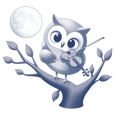 An owl with large, round eyes is perched on a sturdy tree branch. The owl is holding a tiny violin under its wing, with its talons delicately positioned on the strings. The scene is illuminated by soft moonlight that casts gentle shadows on the bark of the tree. Surrounding the branch are leaves that slightly sway in the night breeze, creating a tranquil ambiance. The owl appears focused and intent, as if it is deeply immersed in its music, while the moon hangs brightly overhead, providing a serene backdrop.