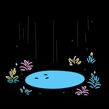 A dark forest scene with tall trees casting shadows. The plants surrounding the area emit a soft glow in various colors, illuminating the underbrush. A small pond is nestled among the trees, reflecting the light from the luminescent plants. The water is smooth and clear, surrounded by gentle greenery.