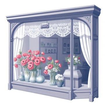 A flower shop window from the 1920s, showcasing a display filled with "vibrant poppies." The window is framed by ornate wooden trim, and vintage decor includes a small antique sign above that reads "Flowers." There are glass vases of various shapes positioned prominently, filled with the poppies, while a decorative lace curtain subtly frames the inside of the window. The shop’s interior is visible, featuring wooden shelving lined with more plants and an old-fashioned cash register.
