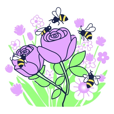 A close-up view of a blooming rose with lush, vibrant petals, placed in the center of a garden. Numerous bees are gently hovering around the rose, with some landing on its petals. Each bee has delicate wings that glisten in the light as they gather nectar. The background features a variety of flowers, each displaying different shapes and textures, creating a rich tapestry of plant life. The scene captures the dynamic interaction between the bees and the rose, highlighting the importance of pollination in nature.