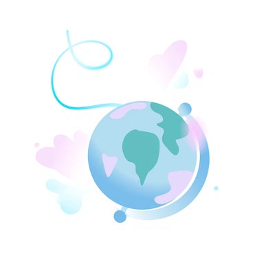A globe is suspended in the air, tied securely to a colorful string. The globe displays various countries and oceans in vibrant colors. The string is thin and long, creating a striking contrast against the globe. The scene is set against a gradient pastel background, enhancing the whimsical aspect of the floating globe. The globe gently sways as if caught in a soft breeze.