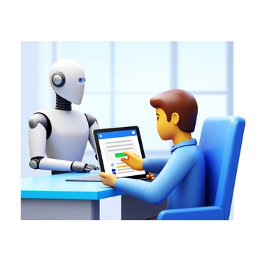 A virtual assistant, depicted as a humanoid robot with a sleek design, is assisting a business owner. The robot is interacting with a tablet, displaying the Google listing interface. The business owner is seated at a modern desk, looking at the tablet with a focused expression. The background shows a bright office environment, and the tablet screen features elements like "business name," "address," and "customer reviews." The robot's hand is gently touching the screen, indicating an active engagement in the management process.