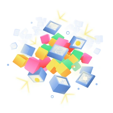 A series of brightly colored cubes are arranged in a dynamic formation. Some cubes are stacked on top of each other, while others appear to be floating in mid-air, seemingly defying gravity. The cubes are interconnected by thin, glowing lines that pulse with light, suggesting a constant flow of energy. Many cubes are partially transparent, revealing intricate geometric patterns inside. In the background, there are blurred outlines of additional cubes, enhancing the sense of depth and complexity in the scene.