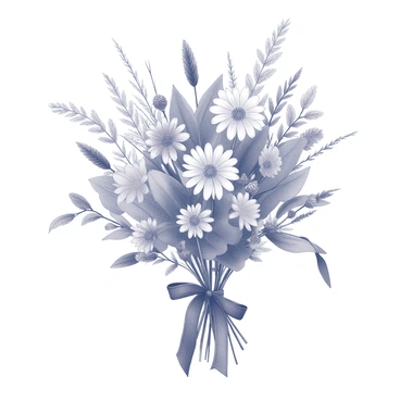 A bouquet consisting of various dried autumn flowers and leaves. The flowers are arranged in a natural, loose style, showcasing their textures and shapes. Among the flowers, there are clusters of dried grasses and delicate seed heads. The bouquet is tied together with a rustic ribbon, which has an organic, rough texture, complementing the natural elements. The stems are visible, giving the bouquet a wild, unrefined appearance, and the arrangement captures the essence of the autumn season.