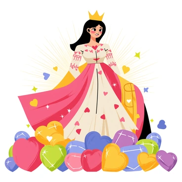 The "Queen of Hearts" is depicted with a regal crown adorned with red and gold accents. She has a flowing gown that features intricate patterns of hearts and vibrant colors. Surrounding her is a treasure trove filled with an array of sparkling jewels, including emeralds, rubies, and sapphires. Heart-shaped diamonds glisten among the treasures, reflecting light in various directions. The background is filled with a soft glow, enhancing the richness of the jewels and the grandeur of the queen.