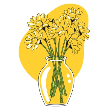 A simple glass vase filled with bright yellow daisies arranged in a natural manner. The daisies have round, vibrant petals surrounding a central disc. The glass vase is transparent, showcasing the stems of the flowers, which are green and slightly textured. The bouquet appears fresh, with the flowers standing upright, creating a cheerful and lively composition. The overall scene emphasizes the beauty of the yellow daisies and their simplicity in the glass vase.