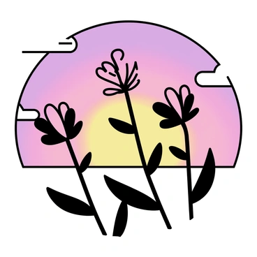 A dark silhouette of flowers, featuring delicate petals and stems, contrasting against a vibrant sunset. The sky is filled with colors blending together, showcasing shades of orange, pink, and purple. The flowers are positioned in the foreground, creating a striking visual against the dynamic sky.