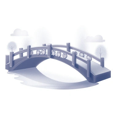 A bridge arching gracefully over a serene body of water. The sides of the bridge are adorned with intricate carvings of "hearts" and "flowers." The bridge has a wooden texture, showing the details of the grain. The flowers are depicted in various sizes, interspersed among the hearts. In the background, there are soft outlines of trees and clouds, enhancing the overall scene. The structure symbolizes a path with a sense of purpose and devotion. A soft light appears to illuminate the bridge, highlighting these decorative elements.