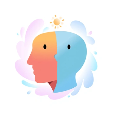 A split head is depicted, with each half showcasing distinct themes. One side presents a vibrant, warm color gradient, representing "joy" with a sun symbol above. The other side features cooler tones, illustrating "sadness" accompanied by a teardrop shape. The division of the head creates a clear contrast between the two halves, emphasizing the emotional disparity. Each half seamlessly blends into a swirling background of gradient pastel colors.
