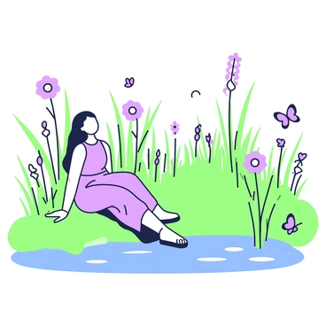 A figure is sitting by a riverbank, basking in sunlight. The figure has long hair and is wearing a flowing dress. Around them, there are clusters of wildflowers in various positions, creating a lively scene. Tall grasses sway gently in the breeze, framing the figure. The water of the river reflects the light, adding a sense of tranquility to the environment. A few butterflies can be seen fluttering nearby, enhancing the natural beauty of the setting.