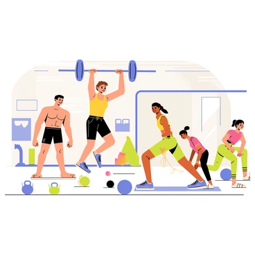 A CrossFit class featuring a diverse group of individuals engaged in high-intensity exercises. In the foreground, a woman with short brown hair is performing a dynamic jump, wearing a bright yellow tank top and black shorts. To her left, a man with a muscular build is lifting a heavy barbell above his head, showcasing determination on his face. In the background, two participants are doing push-ups, one wearing blue sneakers and the other in green leggings. The gym is filled with various equipment like kettlebells, medicine balls, and ropes scattered around, creating an energetic atmosphere. The walls are decorated with motivational quotes, enhancing the spirit of teamwork and effort.