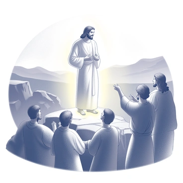 A mountaintop scene featuring a figure of Jesus in a dynamic pose. He is depicted in a glowing aura, signifying the moment of Transfiguration. Surrounding him are a group of disciples, their expressions filled with awe and reverence. The background presents a rocky mountain landscape with steep cliffs and a distant horizon. The atmosphere is charged with a sense of divine presence, accentuated by the light radiating from Jesus.